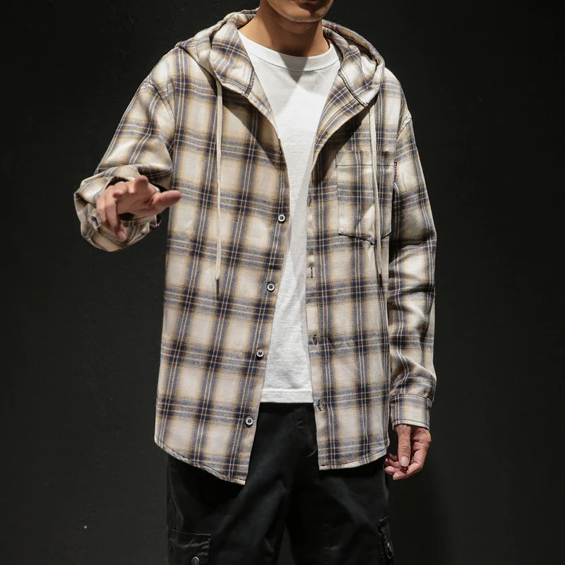 Shirt Mens Slim Fit Long Sleeve Dress Shirts Men Casual Shirt Male Social M-5XL 2019 Autumn Plus Size Hooded Casual Plaid A03