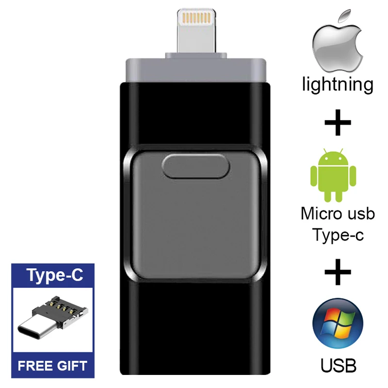 Бесплатный тип-C adater USB флэш-накопитель для iphone 7plus топ с рисунком «Яблоко» диск 16g 32g 64g 256 128g Android OTG Флешка для Android U диск - Цвет: Black Type-C