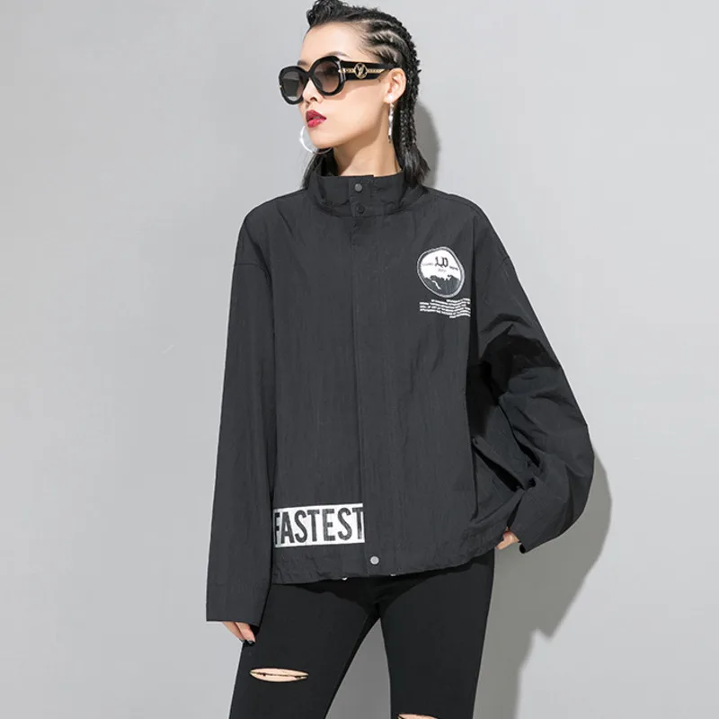 

LANMREM Printed Zipper Stand Collar Long Sleeve Loose Plus Woman Coat Casual Simple Fashion 2019 Autumn Jacket New TV597