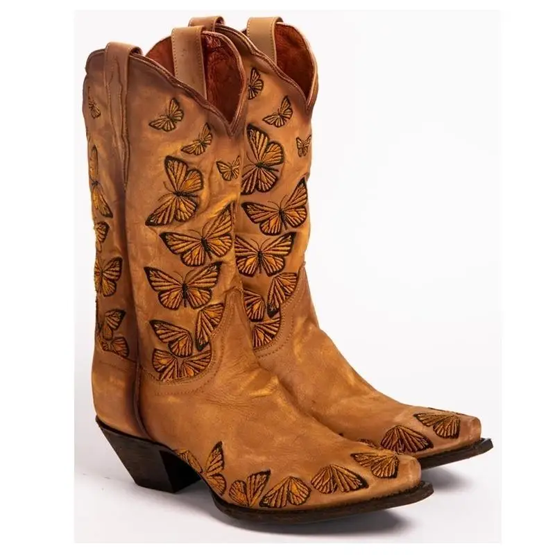 Women's Rustic Tan Embroidered Butterfly Cowgirl Boots Western Womens Retro Knee High Handmade Leather Cowboy | Обувь