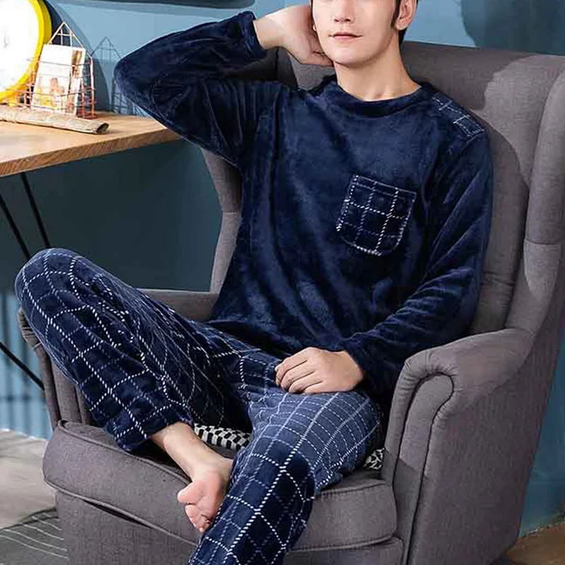 Winter New Men Long Sleeve Flannel Pajamas Set Round Neck Footprint Pattern Thick Coral Velvet Sleep Wear Male Warm Pyjamas Set men's cotton lounge pants Men's Sleep & Lounge