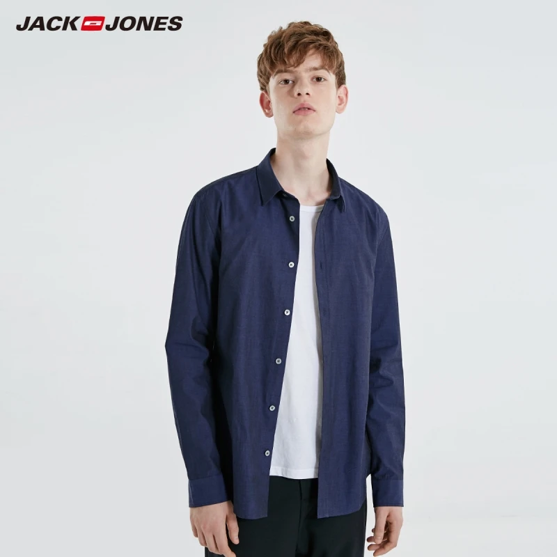 MIDNIGHT JackJones Мужская однотонная хлопковая рубашка с длинными рукавами деловая повседневная мужская одежда 219105505 - Цвет: MIDNIGHT