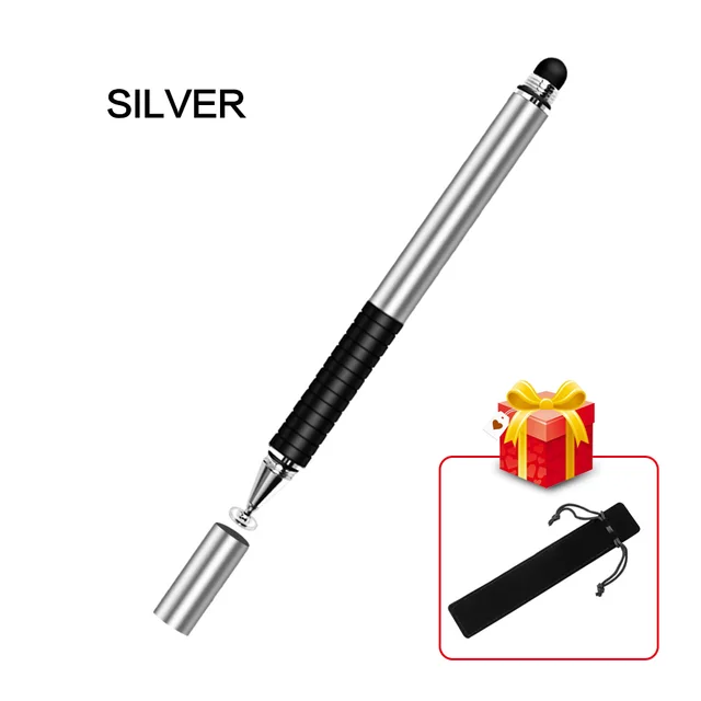 2 In 1 Stylus For Smartphone Tablet Thick Thin Drawing Capacitive Pencil Universal Android Mobile Screen Metal Note Touch Pen Silver no Hook