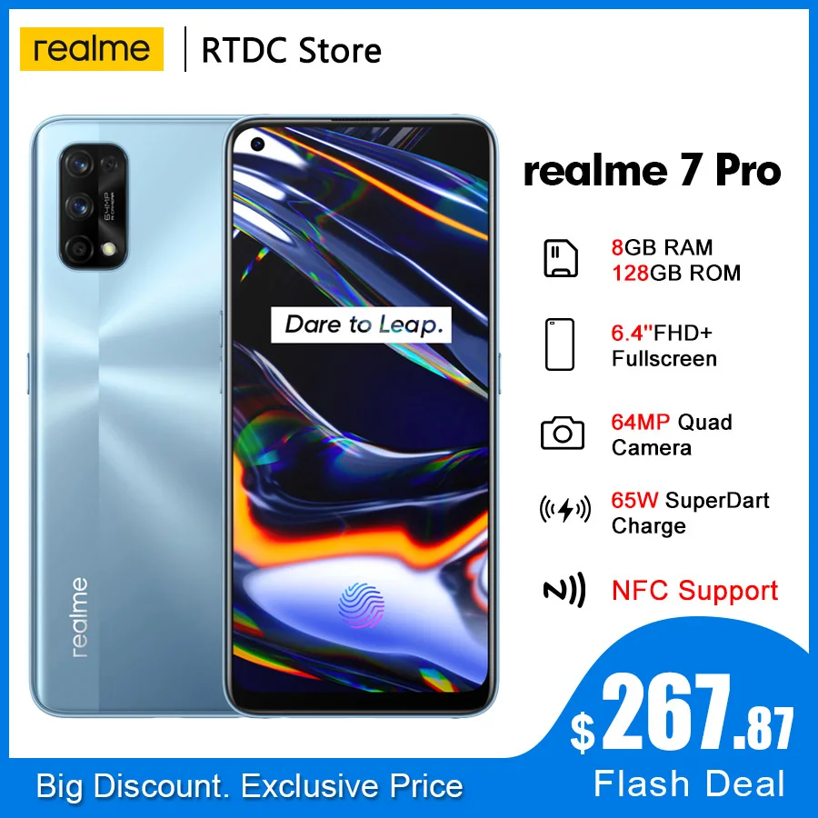 Realme 7 Pro RMX2170 NFC 6 4 ''FHD + 8GB 128GB смартфон 65 Вт SuperDart зарядка 10V/6.5A 64MP Octa Core 4500 мАч