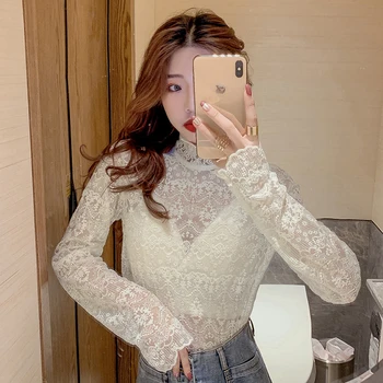 

Sexy Lace blouse women Spring Full Sleeve Hollow Out Mesh Turtleneck blusas womens tops and blouses White Apricot 594