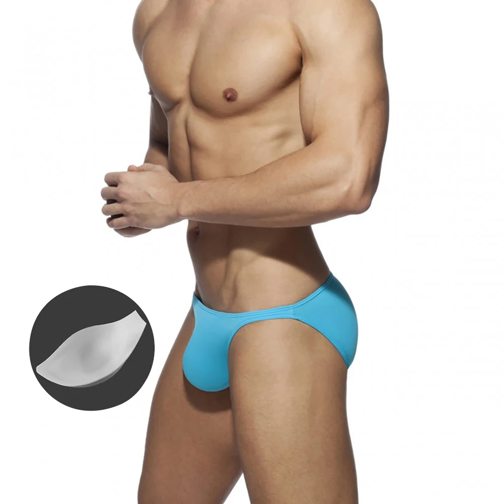 

With Push Pad New Men's Swimming Trunks Bikini Low Waist Solid Color Sexy Thongs European American Fashion Beach Surfing Sport