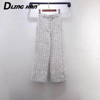 

LINGHAN Fashion Plaid Tweed Wide Leg Pants Casual High waist Long Pants Designer Spring Summer New