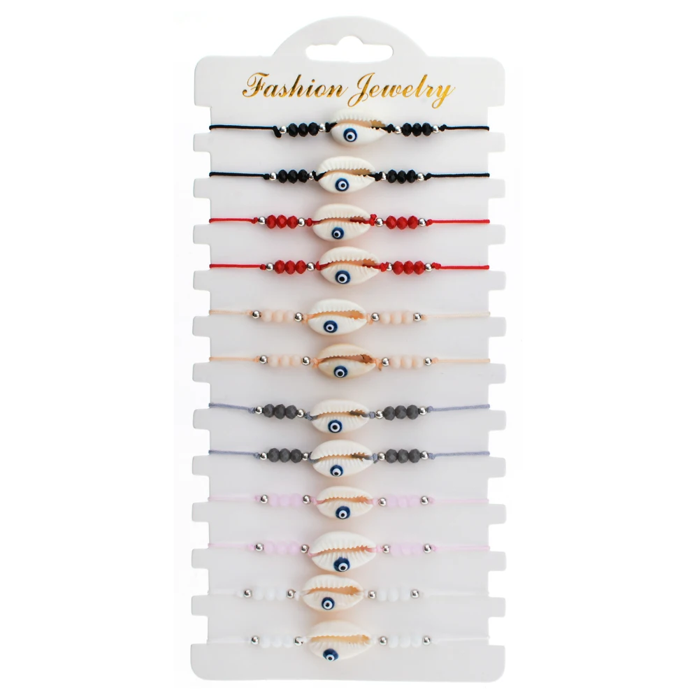 

12pcs/lot Evil Eye Shell Charms Bracelets Braided Adjustable Rope Chain Crystal Beads Bracelet Anklet Wristband Handmade Jewelry