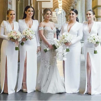 

2019 White Sheath Bridesmaid Dresses Front Split Deep V-neck Long Sleeves Floor Length For Bridal Party Guest Wear שמלות לחתונה