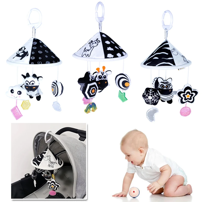 New Black White Baby Rattle Bed Hanging Around Cartoon Animals Wind Chime Exercise Newborn's Vision And Hearing Under 3 year | Игрушки и