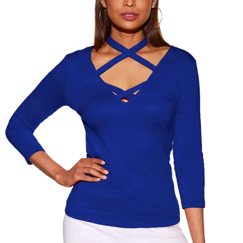 Blue CALOFE весенние модные футболки женские повседневные однотонные топы Модные с v-образным вырезом открытые футболки женские рубашки с длинным рукавом Mujer - Цвет: Blue