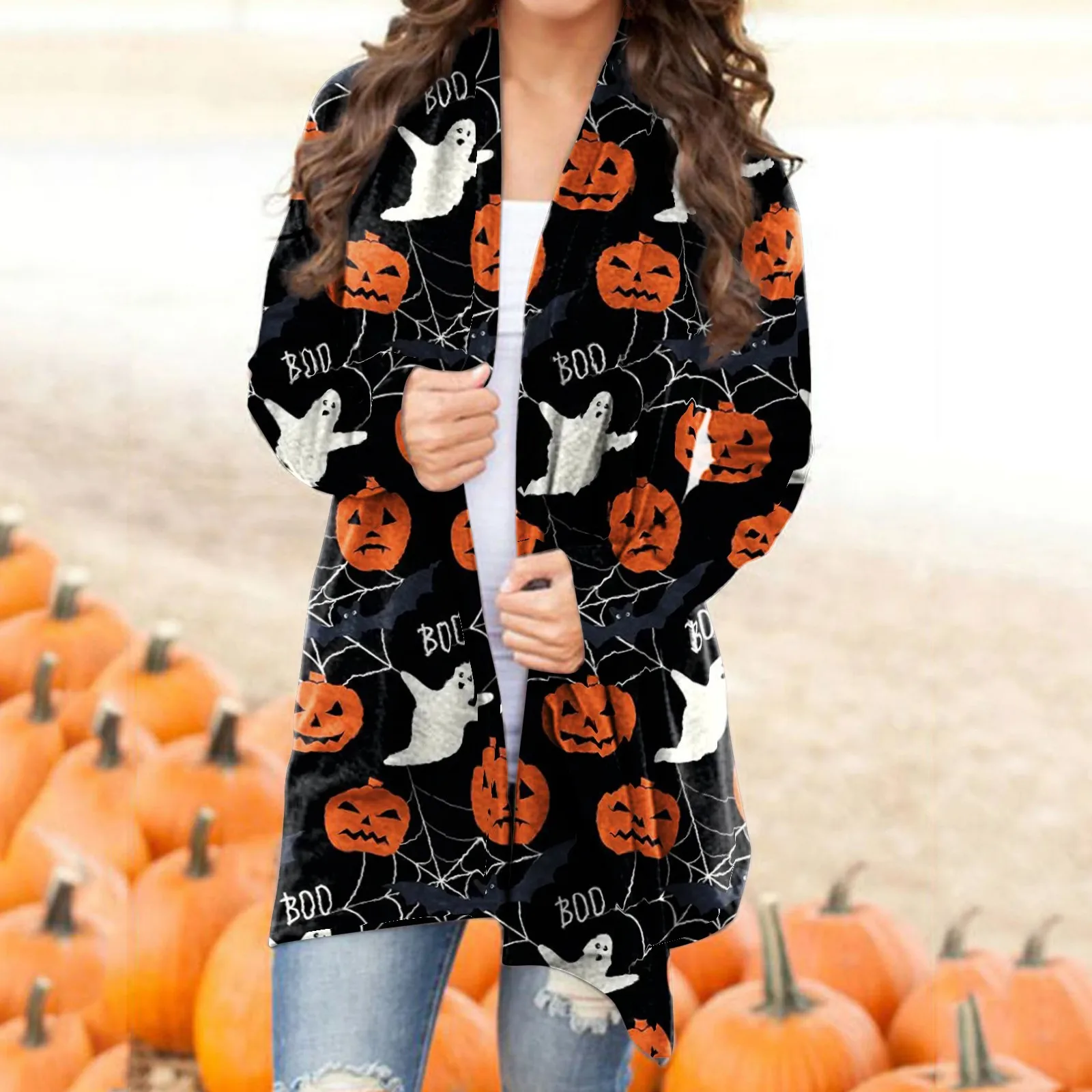 Halloween Women Cardigan Fashionable Pumpkin Animal Cats Printing Long Sleeve Female Autumn Winter Open Stitch tops Clothes 1