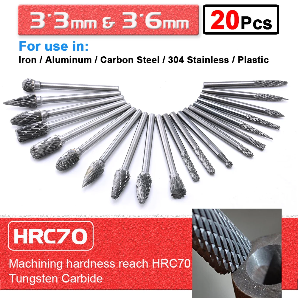 20pcs Tungsten Carbide Rotary Point Burr Die Grinder Shank Set 3*3mm And 3*6mm Drill Bits Set Length For Power Tools D25 6mm drill grinder die carbide burr inverted rotary file 1 4 inch double cut for dremel rotary tools metal wood sn 4