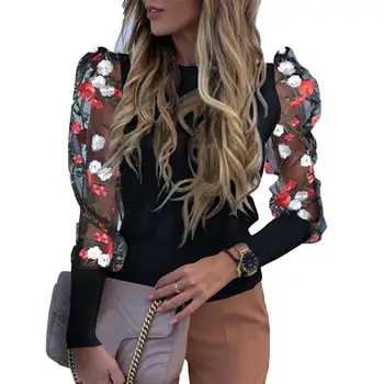 

Casual Women O Neck Mesh Floral Embroidery Long Puff Sleeve Slim Shirt Blouse