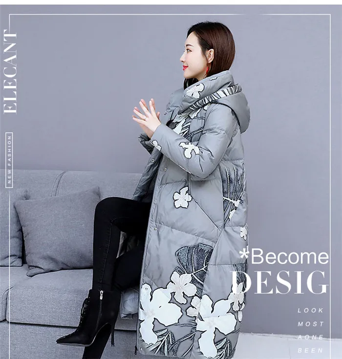 Women warm cotton jacket small fresh long cotton print coat with hood winter jacket womens slim long sleeve parka Overcoat G83
