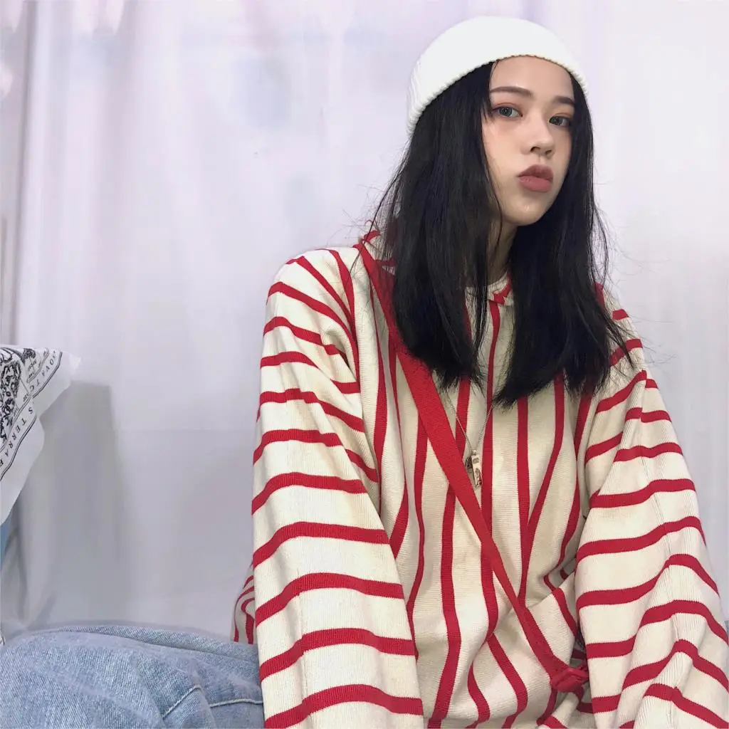 Корейский зимний ulzzang Harajuku шикарный модный полосатый Свободный Повседневный свитер с капюшоном уличный свободный осенний женский свитер