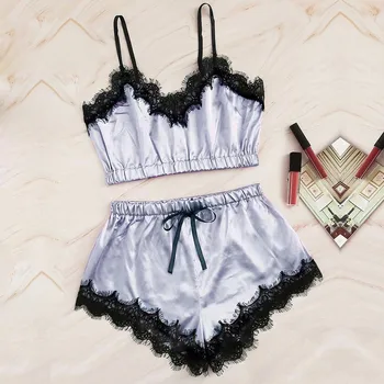 

Ladies Hot Sale Element Lace Satin Pajamas Ladies Sexy Sling Pure Color Lace Small Sling Bow Pajama Set пижама женская 40*