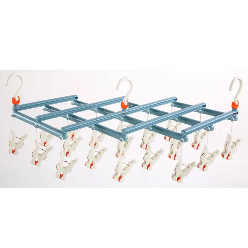 Windproof Foldable Quickly Remove Laundry Clothes Drying Rack Hanger Hook with 19 Roller Clips for Underwear Sock Glove Rotating - Цвет: Небесно-голубой