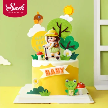 

Mushroom Tree Picnic Skateboard Scooter Girl Happy Birthday Cake Topper Supplies for baby party decoration Baking Cute Gifts