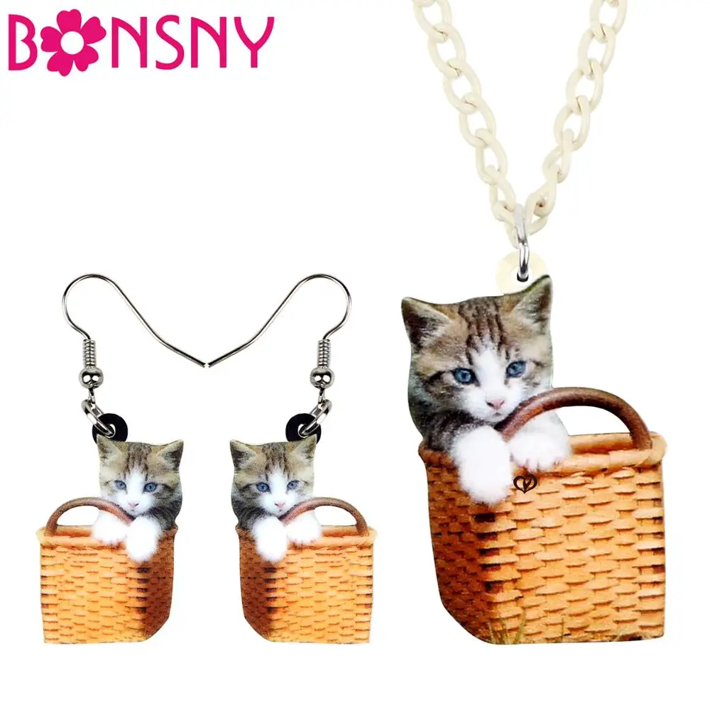 

Bonsny Acrylic Sweet Basket Cat Kitten Jewelry Set Necklace Earrings Anime Pets Pendant Jewelry For Women Girls Charms Gift 2019