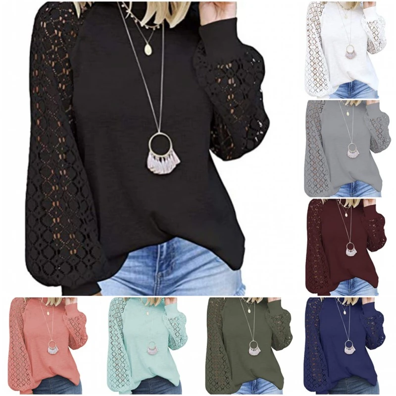 2022 New Fashion 8 Colors Women Tops Plus Size Solid Color Loose Shirts Lace Stitching Long Sleeve T-Shirt Hollow-out T Shirt graphic tees women