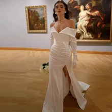 

New Elegant White Wedding Dress Satin Deep V-Neck Long Sleeve Strapless Side Split Mermaid Bridal Gowns свадебное платье