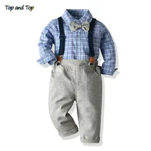 Топ и топ, осенне-зимний комплект джентльменской одежды для мальчиков, галстук-бабочка в клетку с длинными рукавами, хлопковая рубашка+ комбинезон, комплект детской одежды из 2 предметов