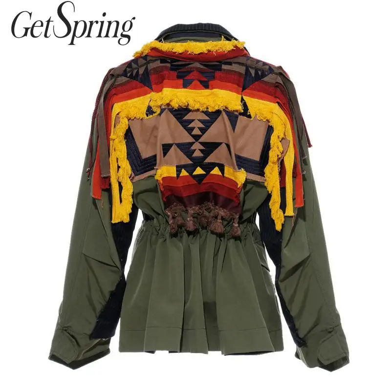 

GetSpring Women Jacket Long Sleeve Double Breasted Women Coat Striped Splicing Embroidery Tassel Women Outerwears Long Coat 2019