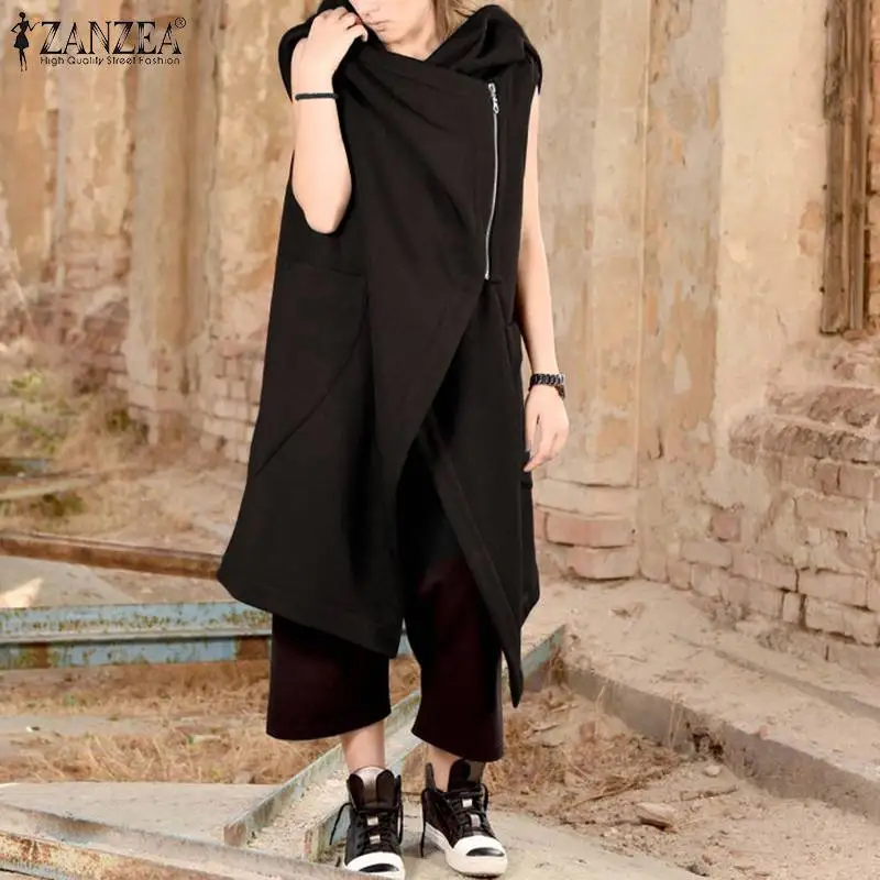 Promo 2019 ZANZEA Fashion Hooded Irregular Outerwear Women Sleeveless Jackets Autumn Casual Solid Zipper