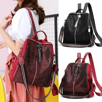 

New Women Bag Sequin Leather Backpack For Lady Anti-Theft Rucksack School Travel Business Shoulder Bag Fashion