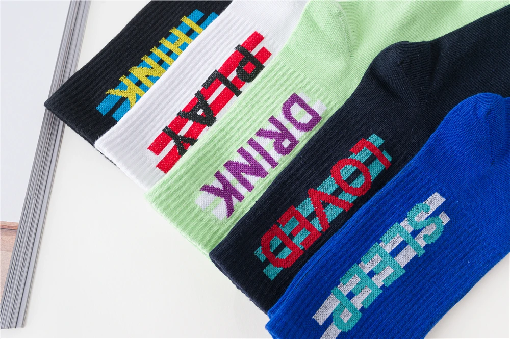 Women's Funny Words Loved Think Drink Sleep Play Lettered Striped Art Socks Couples Skateboard Hipster Street Dance Harajuku Sox