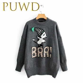 

PUWD 2019 New women's loose long embroidery cartoon hooded little snowman sweater round neck slacker sweater coat
