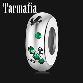 

Fit Original European Charm Bracelets DIY Real 925 Sterling Silver Green CZ Cactus Fine Stopper Silicone Beads Jewelry Making