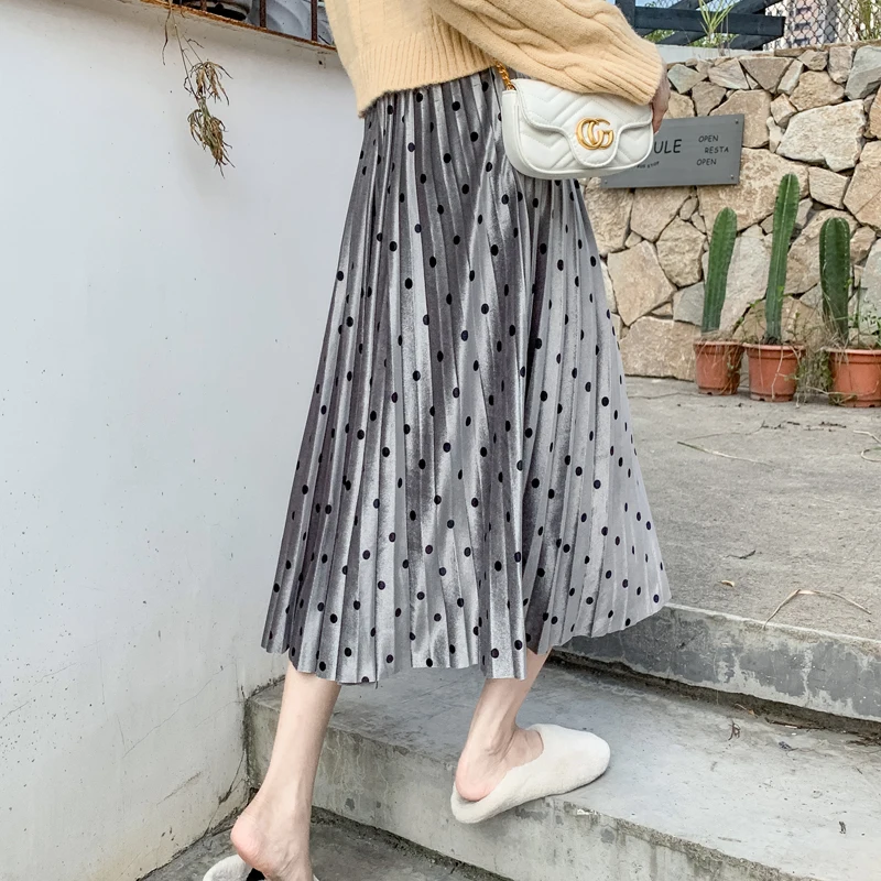 New Women Long Skirt Polka Dot Pleuche Pleated Season A Word Skirts Khaki Gray Black Dark Green 9380