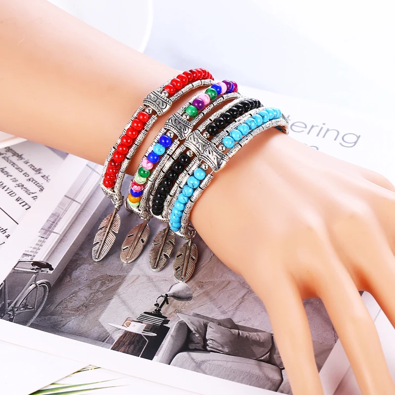 Boho винтажные красочные бусины браслеты для женщин Регулируемый перо Лист смолы камень браслеты браслет