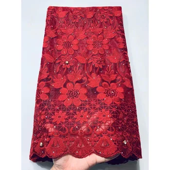 

Newest red African Tulle Lace Fabrics With Stones Embroidery Net Lace African French Lace High Quality With Beads Wedding