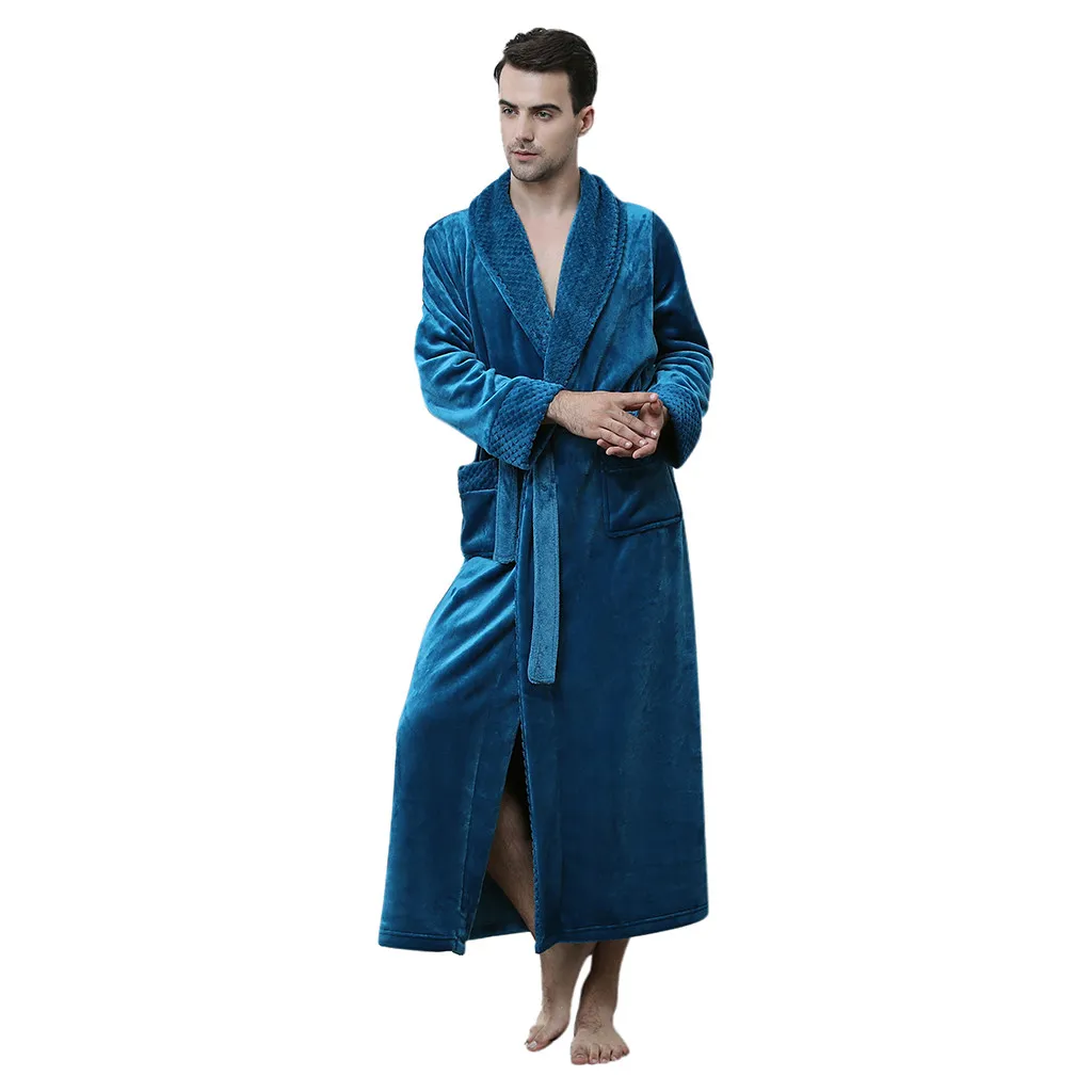 Банный халат, Мужская одежда для сна, Осень-зима, мягкий теплый плотный бархатный халат, банный халат, пижама, пижама с карманом и поясом, пеньюар мужской - Color: Blue