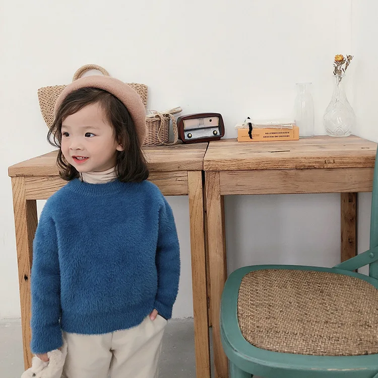 Корейский стиль; Новинка; зимние детские пуловеры унисекс с имитацией меха норки; теплые мягкие Топы; Детский Эластичный свитер