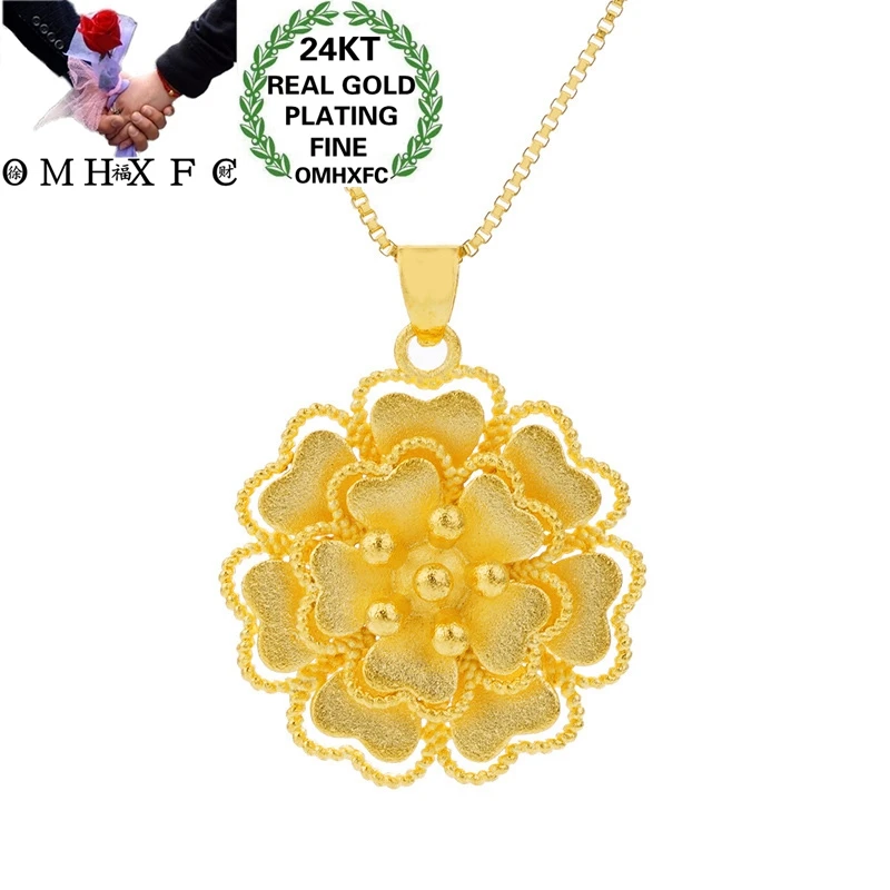 

OMHXFC Wholesale European Fashion Woman Girl Party Birthday Wedding Gift Vintage Flower 24KT Gold Necklace Pendant Charm PN334