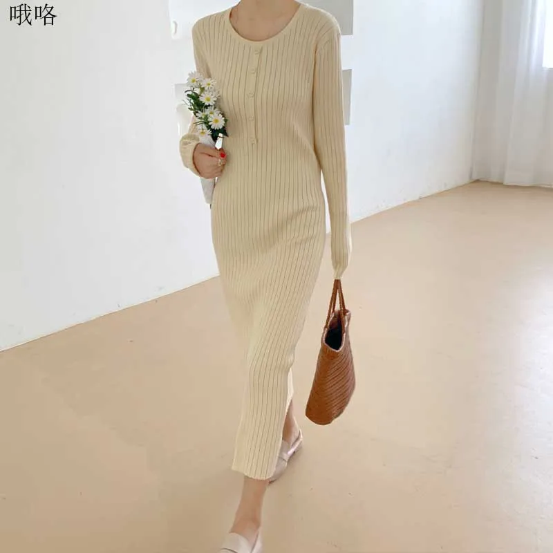 

One-Piece Lady Dress Korea Elegant Slim Knitted Sweater Dresses 2020 Winter Fashion Long Sleeve Sweater Knit Dress Women Drerss