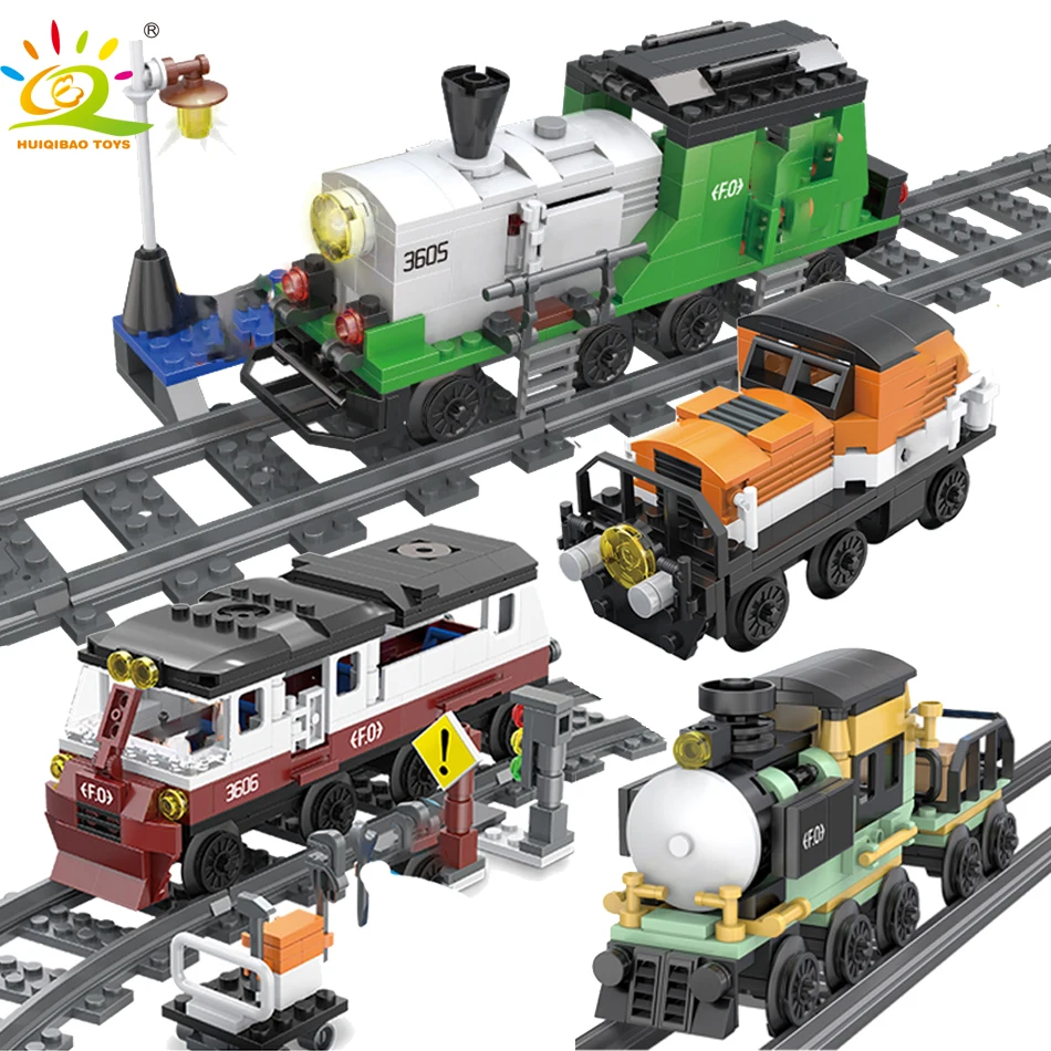 

HUIQIBAO TOYS Steam Train Rail Tracks Building Blocks for Children Legoingly City railway carriage Conductor worker Figure Brick