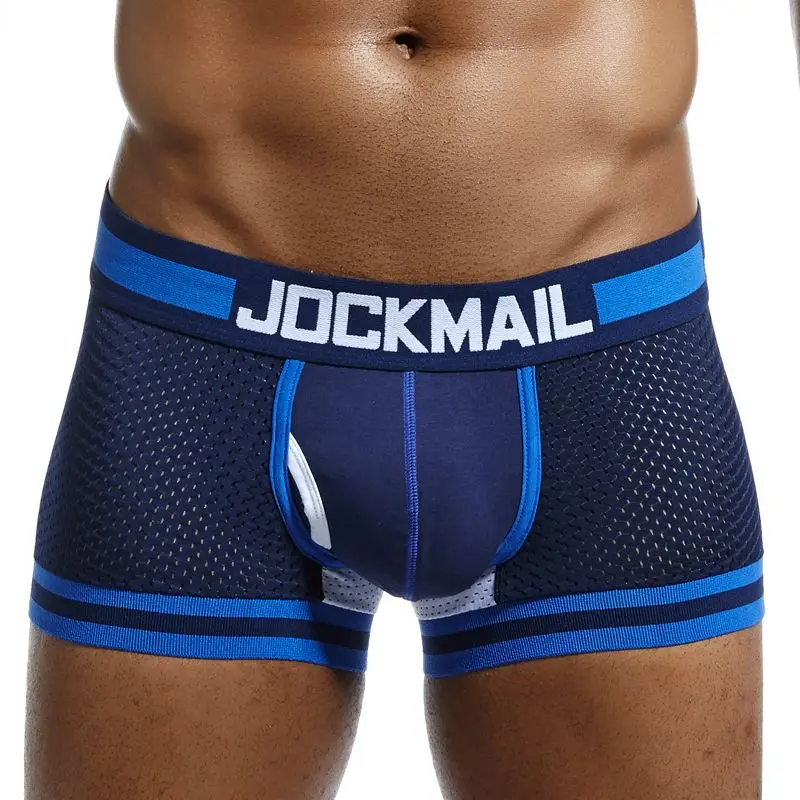 Бренд JOCKMAIL, мужское нижнее белье, боксеры, сетка, u-образный мешочек, сексуальные подштанники, Cueca, боксеры, мужские хлопковые штаны, мужские трусы для сна, мужские трусы для геев - Цвет: 401NAVY blue