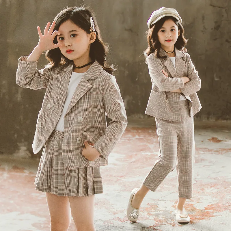 Teen Girls Blazers Suit Autumn Plaid Jackets Pants Pleated Skirt Two