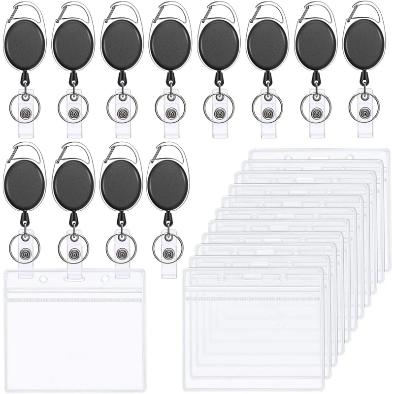 

12 Sets Of Retractable Badge ID Card Holders with Carabiner Roll Holders and Transparent Horizontal Name Tag Badge Holders