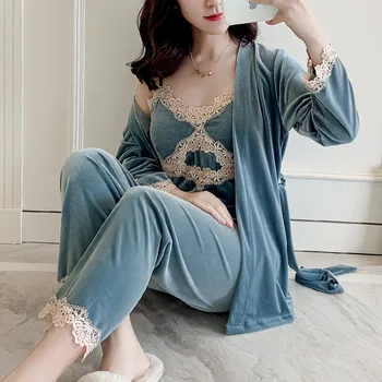 

3PCS Sleepwear Casual Women Pajamas Lounge Young Lady Nightwear Softy Sleep Set Velour Lace Autumn Warm Sexy Intimate Lingerie