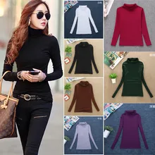 Футболка с высоким воротником и длинными рукавами, женские топы, футболки, женские молочные шелковые однотонные хлопковые футболки для женщин, Осенние приталенные рубашки