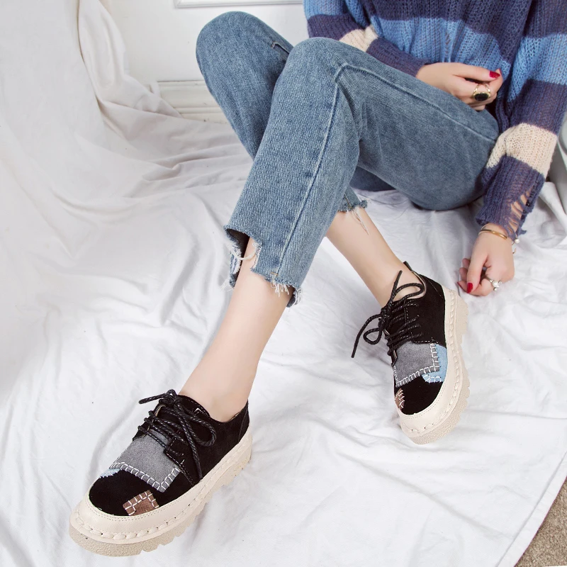 

2019 Spring New Round Toe Shoes Women Thick-soled Student Casual Female Women's Low Heels Sneakers Shoes Women Lace-up Sneakers