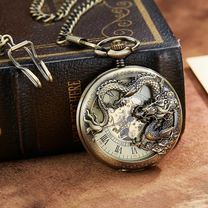 Roman Numeral 3D Dragon Mechanical Pocket Watch Antique Steampunk Skeleton Engrave Fob Chain Clock for Men Women Collection Gift