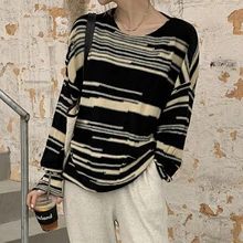 

Women's Thin Casual Pullover T-shirt Crop Sweater Spring and Autumn Women's Striped Korean Round Neck Loose Sweater Knitwear