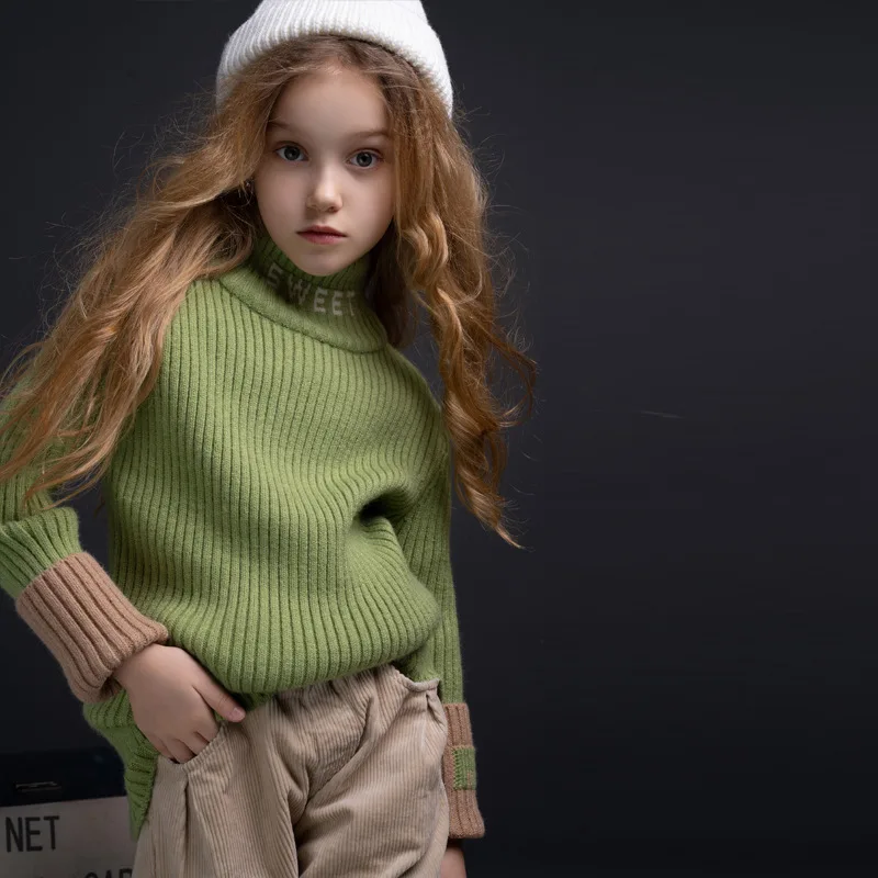 

Girl Matching Bottomed Sweater Children's Pullover Half High Neck Sweater For Middle Large Girls Winter Clothes Knitted Sweater